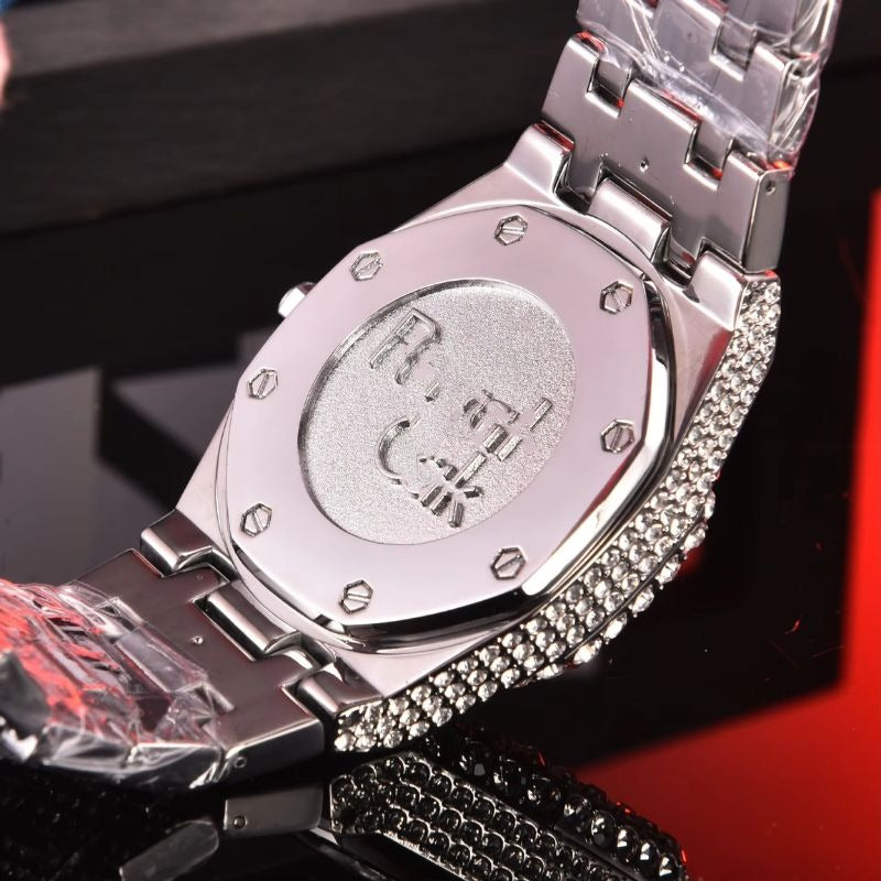 Luxury Men’s Crystal-Set Quartz Watch – Stainless Steel Edition