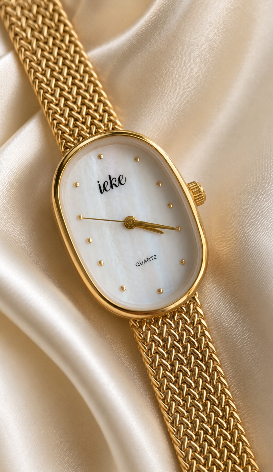 IEKE Pearl Oval Gold Mesh Watch