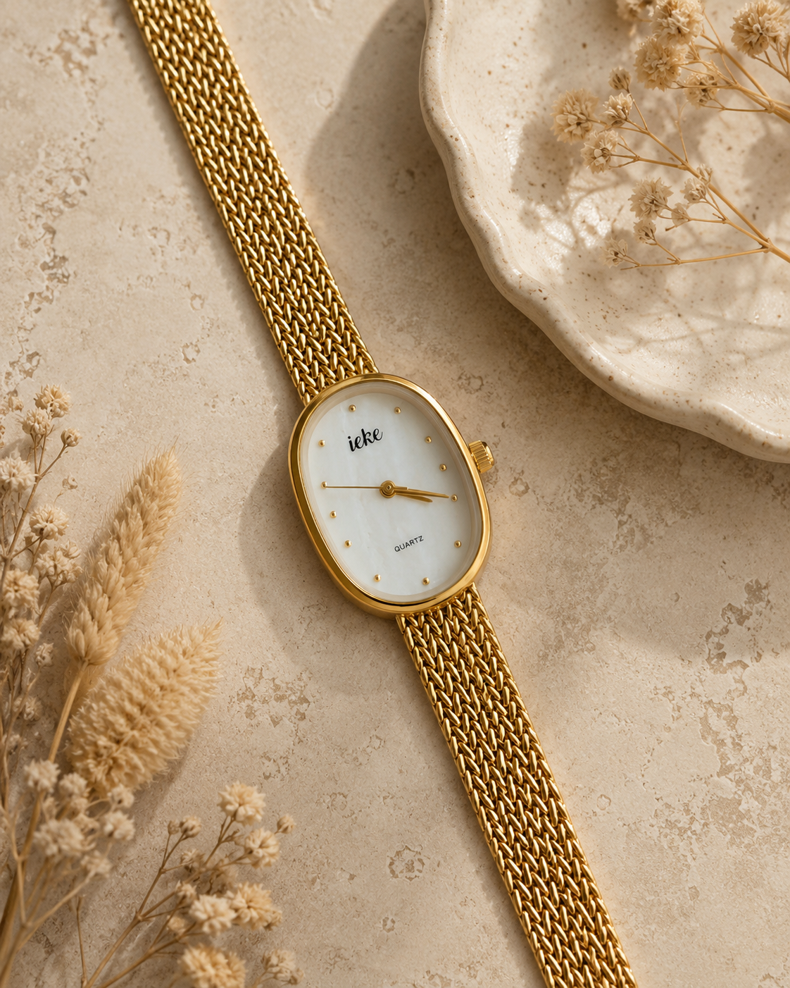 IEKE Pearl Oval Gold Mesh Watch