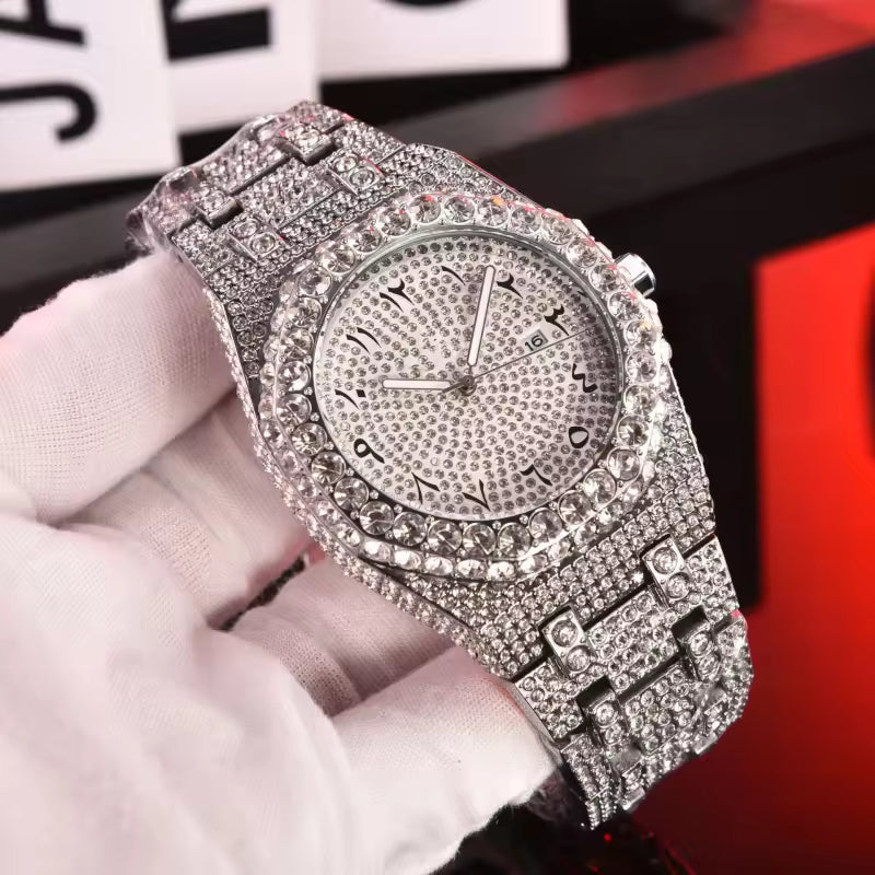 Luxury Men’s Crystal-Set Quartz Watch – Stainless Steel Edition