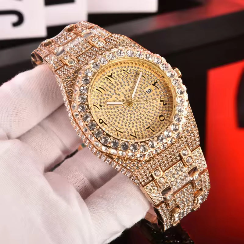 Luxury Men’s Crystal-Set Quartz Watch – Stainless Steel Edition
