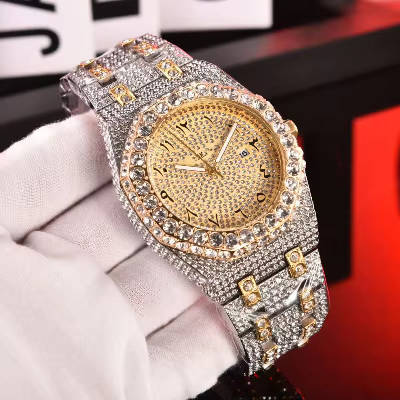 Luxury Men’s Crystal-Set Quartz Watch – Stainless Steel Edition
