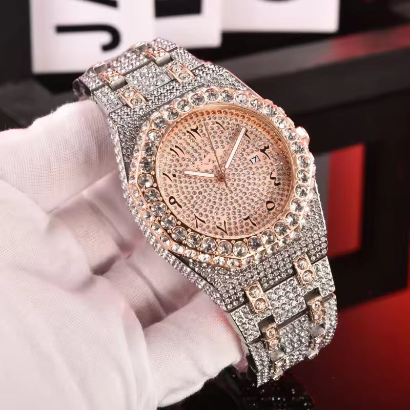 Luxury Men’s Crystal-Set Quartz Watch – Stainless Steel Edition